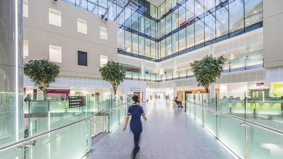 The full height atrium within St Bartholomew’s Hospital The full height atrium within St Bartholomew’s Hospital