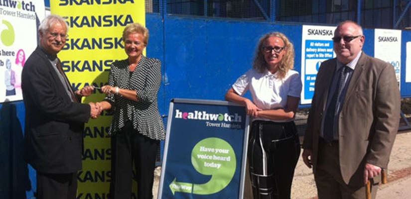 Allison Newell, Health & Care strategy director with Dianne Barham, Healthwatch Tower Hamlets and co-chairs David Burbidge and Amjad Rahi open the new Healthwatch hub portacabin, donated by Skanska. Allison Newell, Health & Care strategy director with Dianne Barham, Healthwatch Tower Hamlets and co-chairs David Burbidge and Amjad Rahi open the new Healthwatch hub portacabin, donated by Skanska.