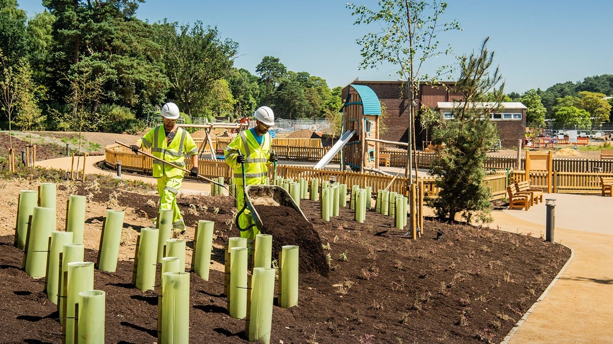 Two Skanska sub-contractors put earth around plants at Worthy Down, a major military project