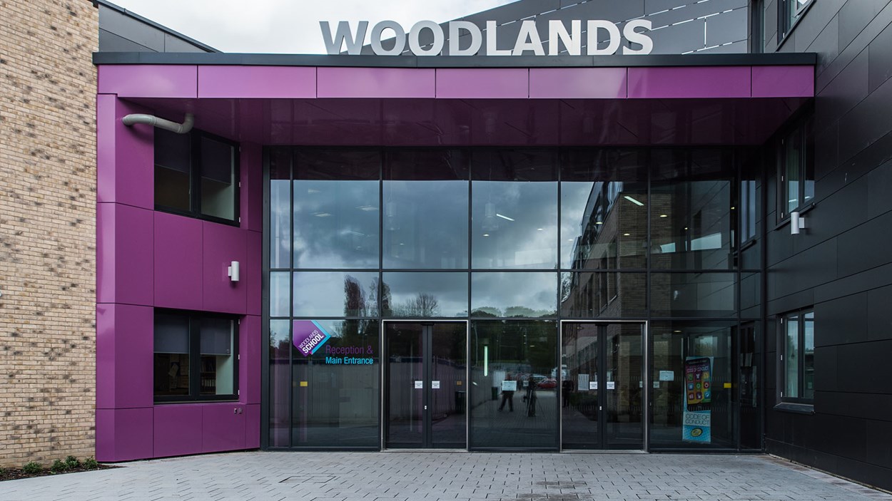 The exterior of the main entrance at Woodlands School in Basildon, which was built by Skanska