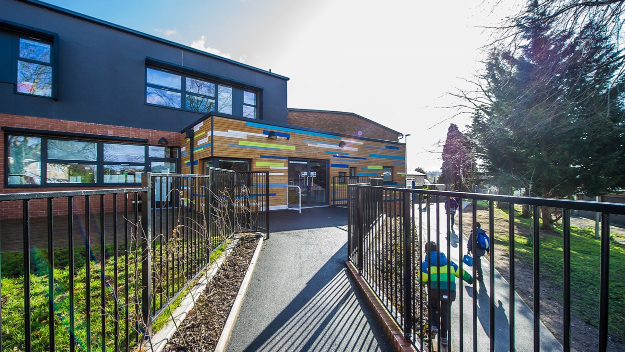 An exterior view of a new built school, constructed by Skanska, in Bristol