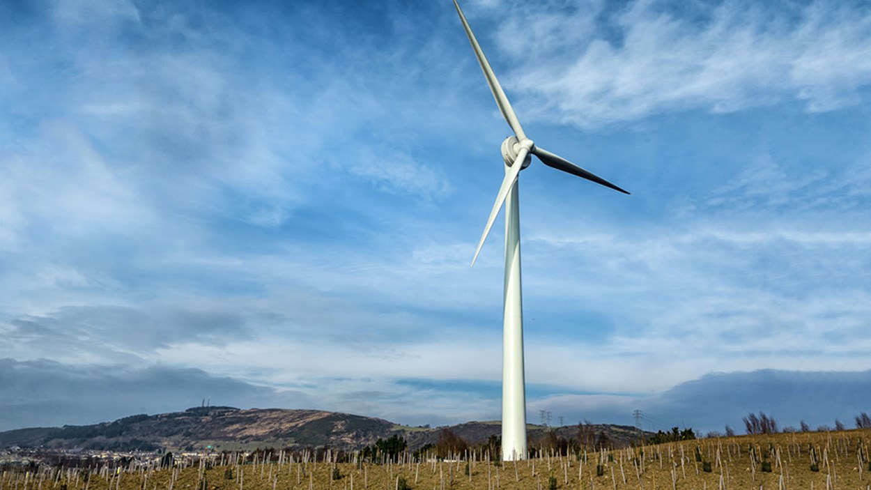 An image of  a wind turbine, built by Skanska for Welsh Water