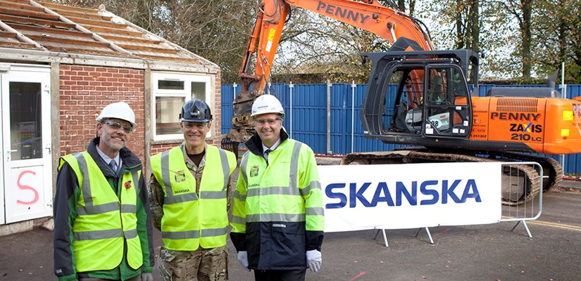 Simon Gadd (DIO Head of Programmes and Projects), Commandant DCLPA Brig Allan McLeod and Terry Elphick, Skanska managing director, mark the start of the demolition phase at Worthy Down Simon Gadd (DIO Head of Programmes and Projects), Commandant DCLPA Brig Allan McLeod and Terry Elphick, Skanska managing director, mark the start of the demolition phase at Worthy Down