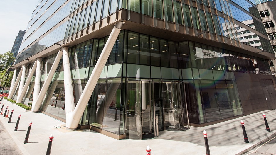 The exterior of the ground floor of Moorgate Exchange, which was built by Skanska