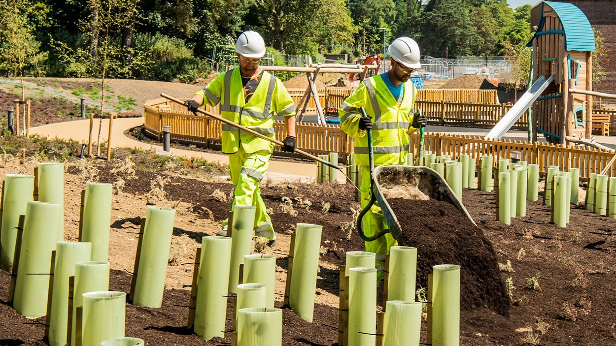 Two Skanska sub-contractors putting earth around plants at Worthy Down, a major military construction project
