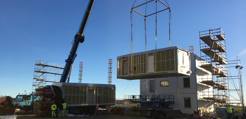 Modules being assembled at BoKlok construction site Modules being assembled at BoKlok construction site