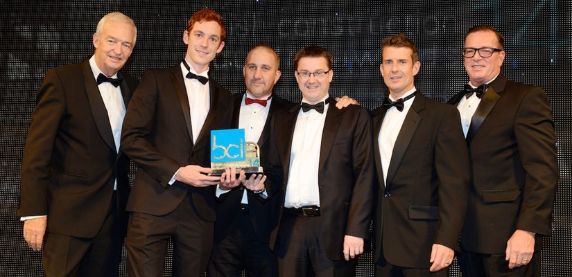 Award winners (l-r): John Snow (TV presenter), Daniel Reucroft, Malcolm Stagg, Derren Masters and Keiron Baldwin, with the award presenter