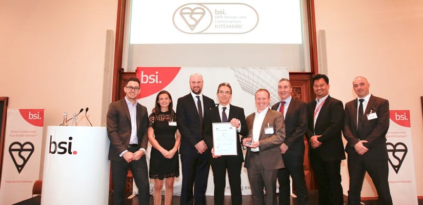 David Thorssell, BIM and Digital Engineering Operations Manager (centre holding certificate) with Skanska UK BIM leads