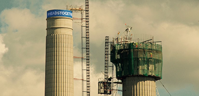 The north-east chimney of Battersea Power Station sporting a blue headband in support of the Heads Together campaign The north-east chimney of Battersea Power Station sporting a blue headband in support of the Heads Together campaign