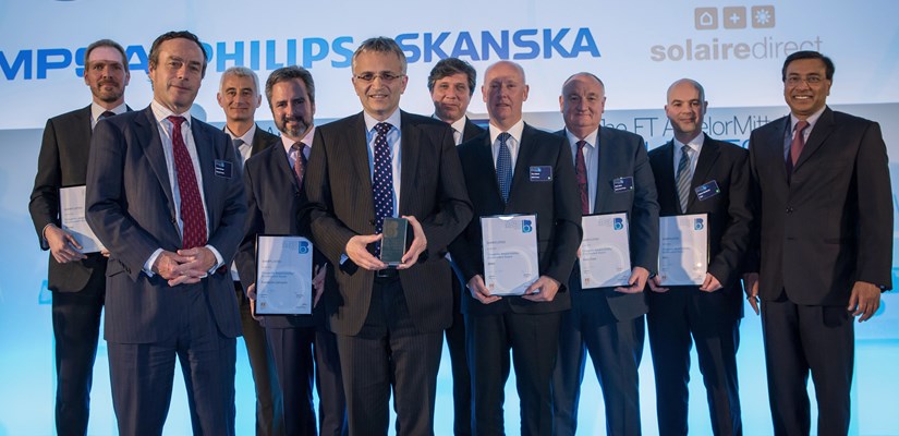 Skanska's Mike Putnam and the winners of the FT ArcelorMittal Awards, with FT Editor Lionel Barber and Chief Executive of ArcelorMittal Lakshmi Mittal