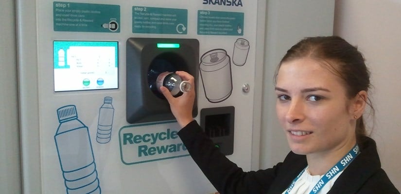 Catherine Burrows, Skanska’s Environmental Waste Manager, uses the ReVend machine at Whipps Cross University Hospital.