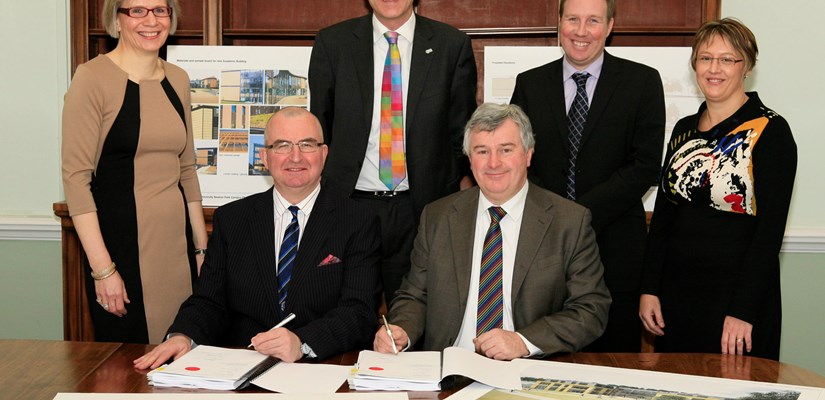 Standing left to right Carolyn Puddicombe, Director of Estates and Services, Bath Spa University, Mark Giltsoff, Operations Director,  Skanska, Simon Dawson, Construction Manager, Skanska, Anita Edson, Projects Manager, Bath Spa University - Seated left to right Bath Spa University Vice-Chancellor Professor Frank Morgan and Martin Nunns, Managing Director Skanska Building – Central & Regions Standing left to right Carolyn Puddicombe, Director of Estates and Services, Bath Spa University, Mark Giltsoff, Operations Director,  Skanska, Simon Dawson, Construction Manager, Skanska, Anita Edson, Projects Manager, Bath Spa University - Seated left to right Bath Spa University Vice-Chancellor Professor Frank Morgan and Martin Nunns, Managing Director Skanska Building – Central & Regions