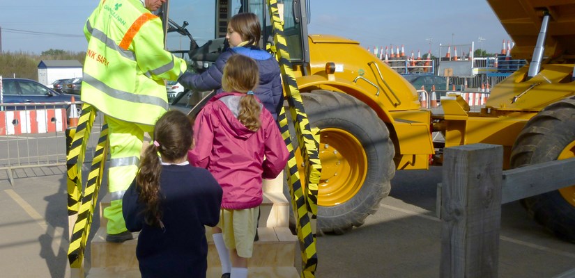 Eugene Gleeson shows Year 4 pupils of Pope Paul Catholic Primary School, Potters Bar, around the M25 Junction 23-27 managed motorway site, as part of Open Doors weekend Eugene Gleeson shows Year 4 pupils of Pope Paul Catholic Primary School, Potters Bar, around the M25 Junction 23-27 managed motorway site, as part of Open Doors weekend