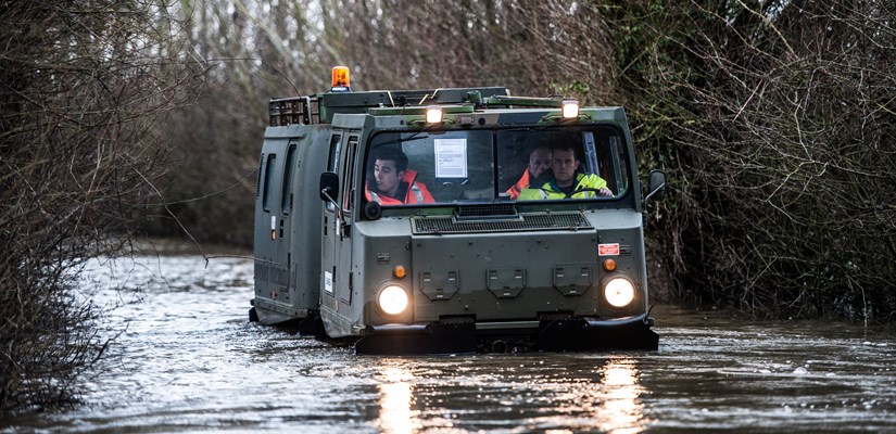 One of three all-terrain amphibious vehicles in action