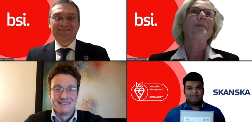 Skanska UK's Head of Innovation, Vaibhav Tyagi (pictured bottom right) receiving the BSI Kitemark for Innovation Management from Andy Butterfield, Managing Director of BSI, Maureen Sumner Smith, Chief Commercial Officer at BSI and Howard Mitchell, Head of Innovation at HS2  Skanska UK's Head of Innovation, Vaibhav Tyagi (pictured bottom right) receiving the BSI Kitemark for Innovation Management from Andy Butterfield, Managing Director of BSI, Maureen Sumner Smith, Chief Commercial Officer at BSI and Howard Mitchell, Head of Innovation at HS2